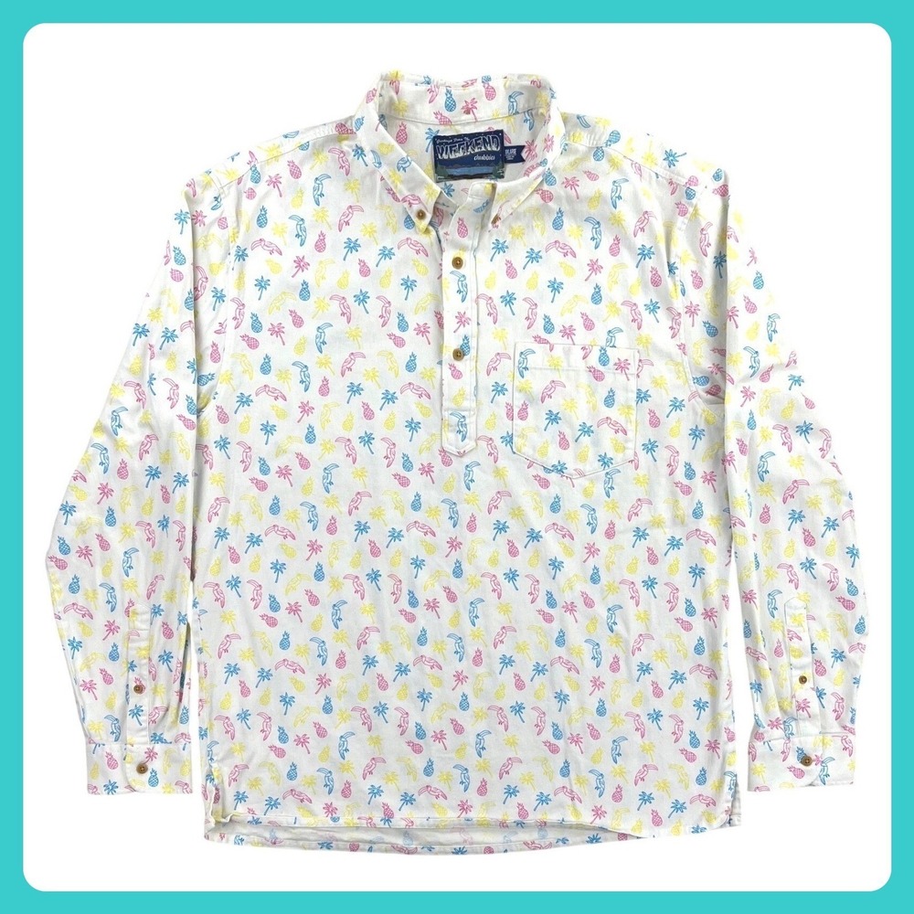 Chubbies Weekend Popover Shirt Men 2XL White Tropical Pineapple Long Sleeve